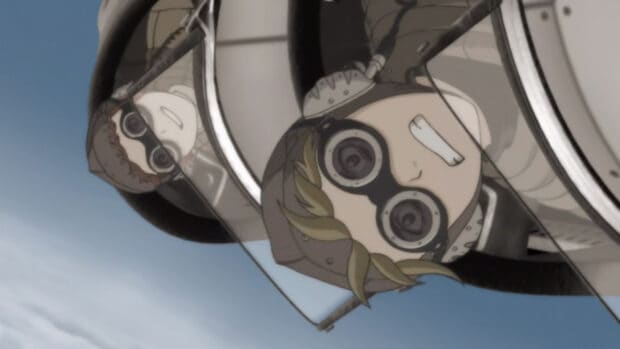 Two characters from Last Exile smile inside an airship cockpit during flight, HD Desktop Wallpaper