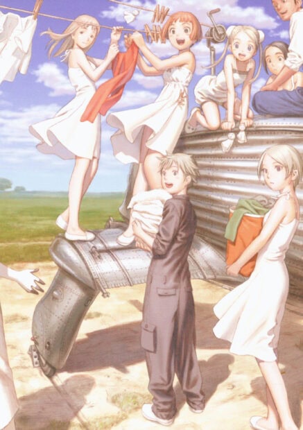 The Last Exile characters are shown hanging clothes and relaxing outside under a clear sky in a lively scene, 2K Mobile Wallpaper