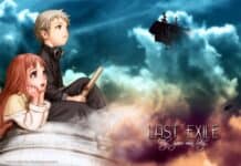 Two Last Exile characters sit on a metal surface with flying ships in the cloudy sky, HD Desktop Wallpaper