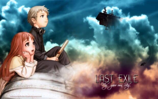 Two Last Exile characters sit on a metal surface with flying ships in the cloudy sky, HD Desktop Wallpaper