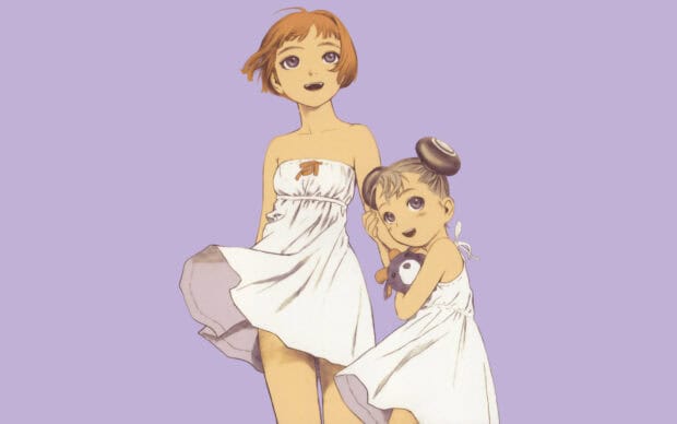 Two Last Exile characters smiling together against a purple background, HD Mobile Wallpaper