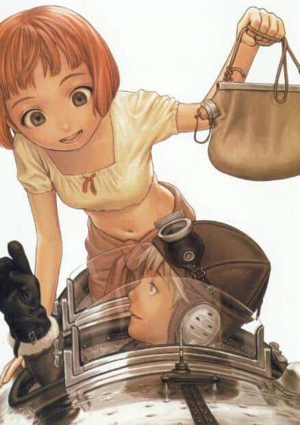A girl smiles while a pilot looks up from a cockpit in Last Exile wallpapers, 2K Mobile Wallpaper