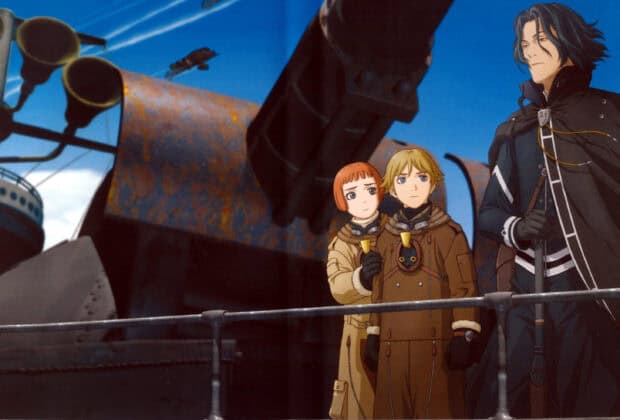 Three Last Exile characters stand on a ship deck under a clear blue sky, 2K PC Wallpaper