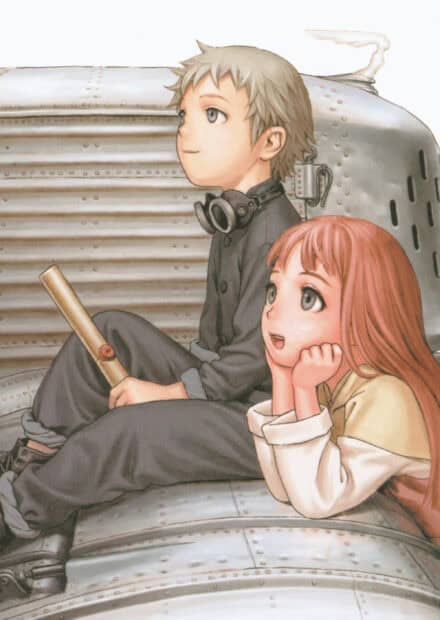 A boy and girl sit on a metal airship, looking hopeful in Last Exile Wallpapers, 2K Mobile Wallpaper