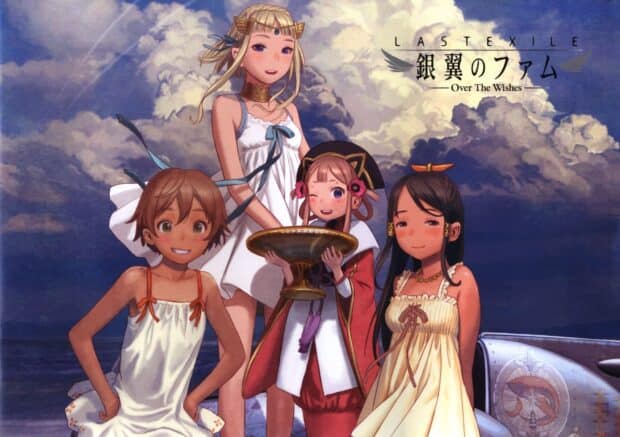 Four Last Exile characters pose by the sea with a cloudy sky background, HD Desktop Wallpaper
