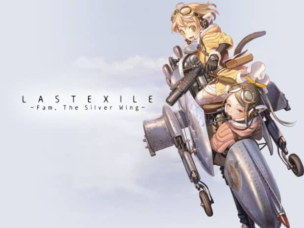 This artwork shows Last Exile characters flying a vintage aircraft with cloudy sky, 2K Desktop Wallpaper