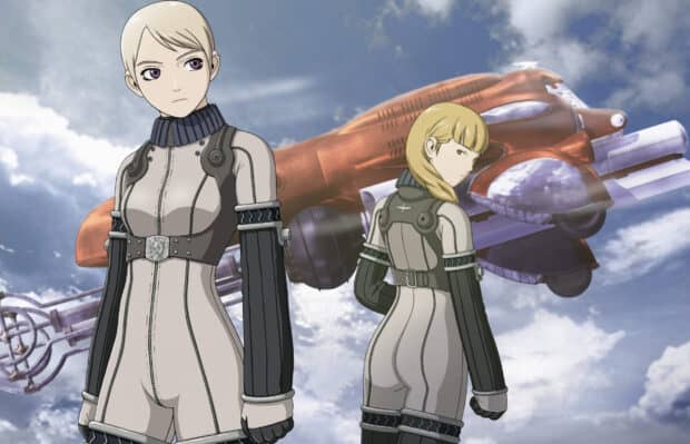 Two Last Exile characters stand before a vintage airship under a cloudy sky, HD Desktop Wallpaper