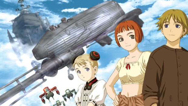 This image shows Last Exile characters standing with flying battleships in the sky, HD Desktop Wallpaper
