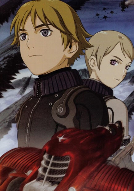 Two Last Exile characters stand with a futuristic red ship and a cloudy sky in the background, 2K Mobile Wallpaper