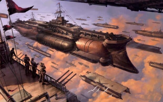 A fleet of airships flying through the sky in Last Exile wallpapers, HD Desktop Wallpaper