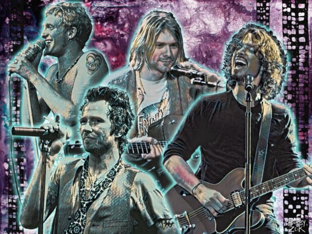A digital art of Layne Staley and other rock musicians performing on stage, HD Desktop Wallpaper