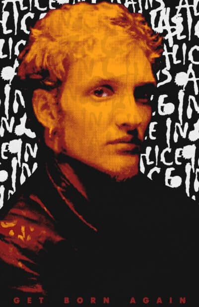 A detailed artistic portrait of Layne Staley with text background and warm tones, HD Phone Wallpaper