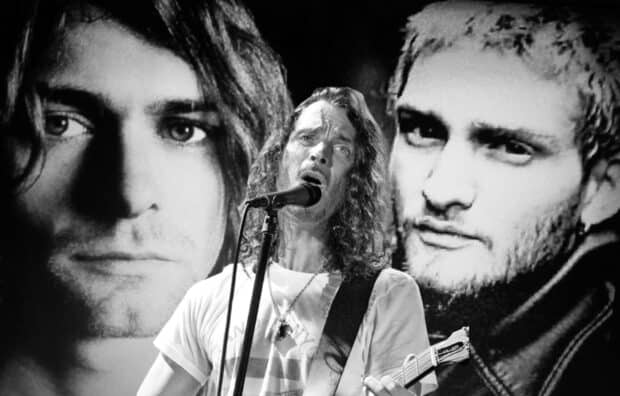 A black and white image of Layne Staley singing with two portraits behind him, HD Desktop Wallpaper