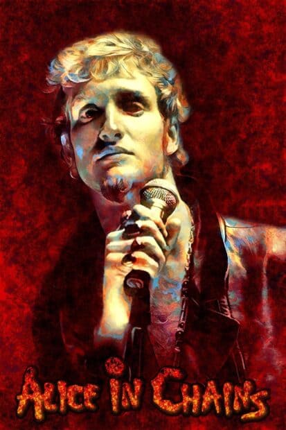 A detailed portrait of Layne Staley holding a microphone with a fiery red background, 2K Phone Wallpaper