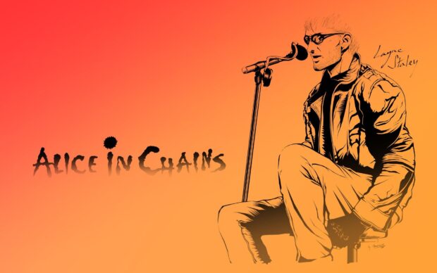 Layne Staley is performing on stage with Alice in Chains logo in the background on a warm orange gradient, HD Desktop Wallpaper