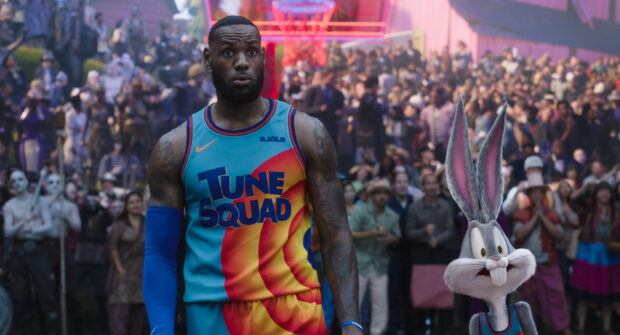 LeBron James and Bugs Bunny stand together in a basketball arena, HD Desktop Wallpaper