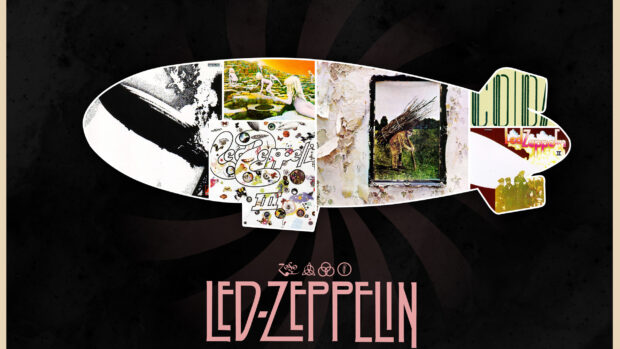 A dark background features a Led Zeppelin album collage with classic rock imagery for hard rock wallpapers, 2K Desktop Wallpaper