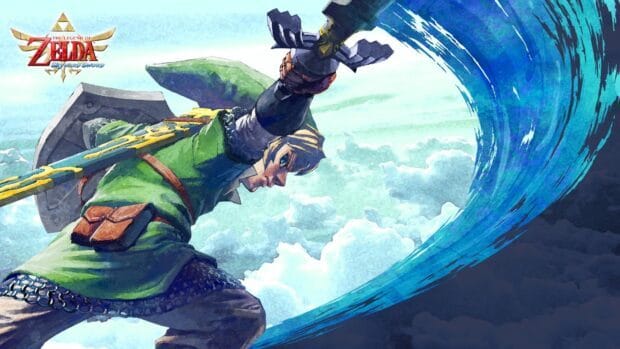 Link swings his sword through the sky with clouds in the background, HD Desktop Wallpaper