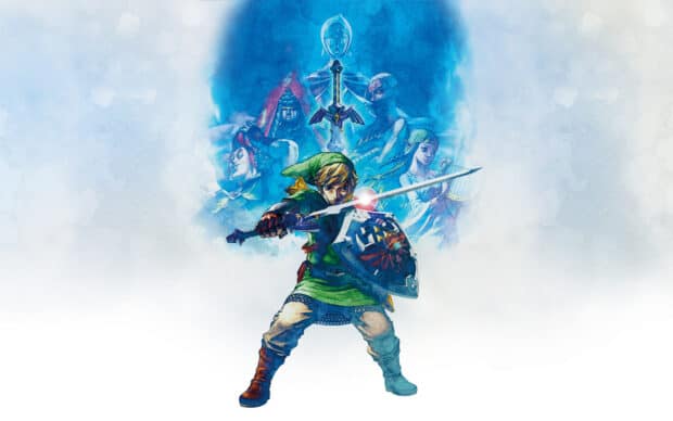 Link stands ready with sword and shield and other characters behind, HD Desktop Wallpaper