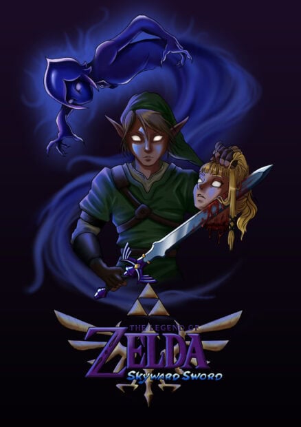 A dark themed Legend Of Zelda Skyward Sword character holding a sword and a severed head, 2K Mobile Wallpaper