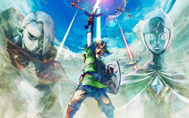 Link raises his sword surrounded by characters, HD Desktop Wallpaper