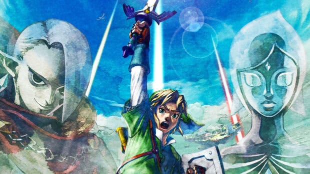The Legend of Zelda Skyward Sword shows Link holding his sword against a blue sky, HD Desktop Wallpaper
