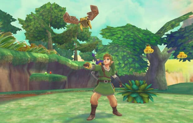 A character from Legend of Zelda Skyward Sword prepares to throw an object in a forest area, HD Desktop Wallpaper