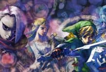 The image shows key characters from Legend of Zelda Skyward Sword in artistic style, 4K Desktop Wallpaper