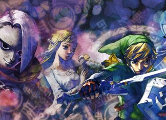 The image shows key characters from Legend of Zelda Skyward Sword in artistic style, 4K Desktop Wallpaper