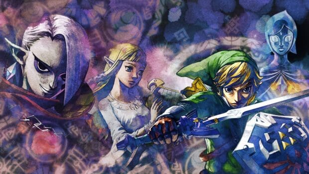 The image shows key characters from Legend of Zelda Skyward Sword in artistic style, 4K Desktop Wallpaper
