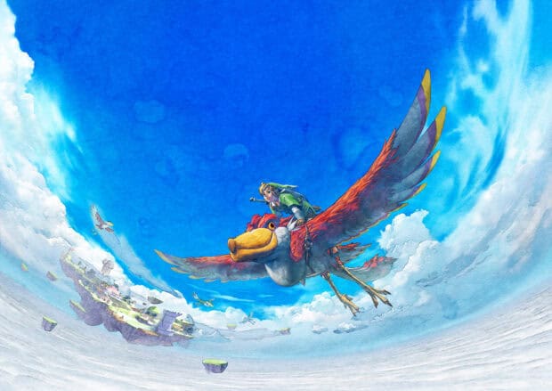 Link riding a giant bird through the sky in Legend of Zelda Skyward Sword, 2K Desktop Wallpaper