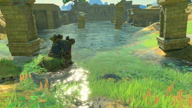 A peaceful river flows through ancient ruins with lush greenery in the Legend of Zelda Skyward Sword, 4K Desktop Wallpaper