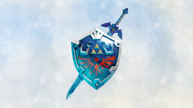 A detailed sword and shield from Legend of Zelda Skyward Sword are displayed against a cloudy sky, 4K Desktop Wallpaper