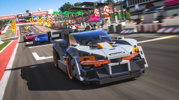 A Lego race car leads other sport cars on a busy racetrack in racing game wallpapers, 4K Desktop Wallpaper