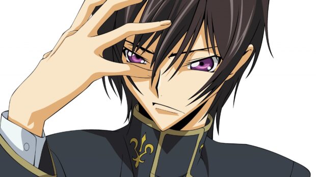 Lelouch Lamperouge is shown with a hand gesture near his eye and a serious expression, 2K PC Wallpaper
