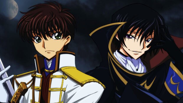 Lelouch Lamperouge and Suzaku standing together under a full moon, 2K Desktop Wallpaper