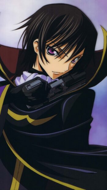 Lelouch Lamperouge holding a gun with intense eyes and flowing cloak, HD Mobile Wallpaper