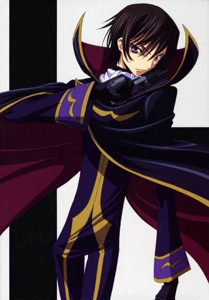 Lelouch Lamperouge in detailed outfit holding a gun against a black and white background, HD Mobile Wallpaper