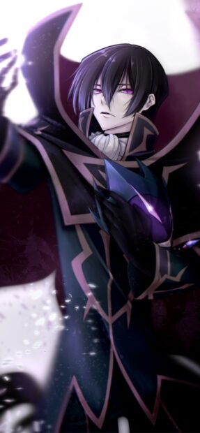 Lelouch Lamperouge wears a dark cloak while holding a helmet with glowing purple accents, 2K Mobile Wallpaper