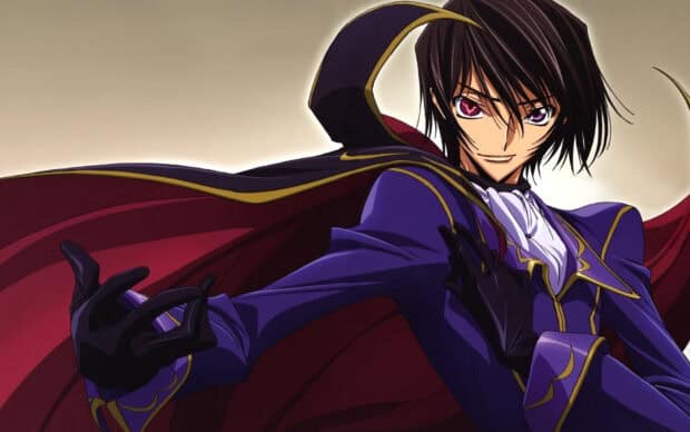 Lelouch Lamperouge stands confidently wearing a dark royal outfit with a flowing cape, HD Desktop Wallpaper
