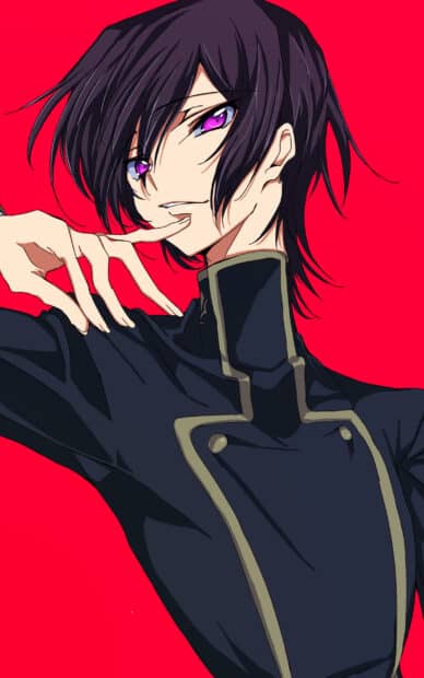 Lelouch Lamperouge poses confidently with a red background, 2K Mobile Wallpaper