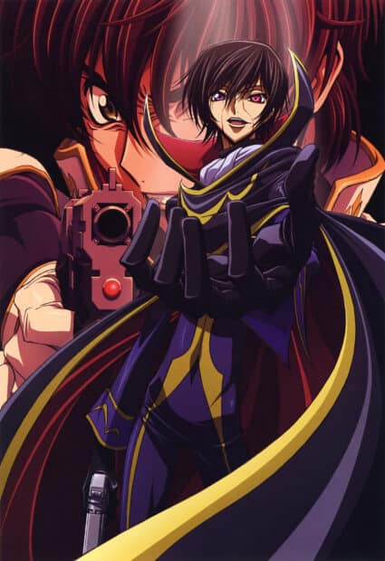 Lelouch Lamperouge stands confidently with a gun and outstretched hand in a dynamic scene, 2K Mobile Wallpaper