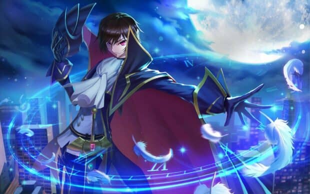 Lelouch Lamperouge stands surrounded by glowing feathers and a night city skyline, HD Desktop Wallpaper