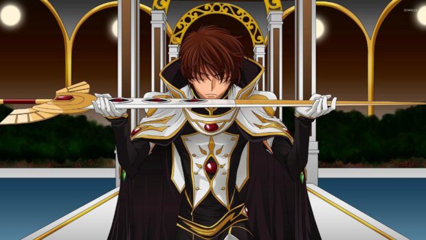 Lelouch Lamperouge stands solemnly holding a staff in an ornate setting, HD Desktop Wallpaper