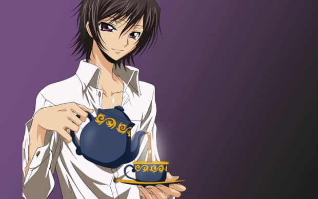 Lelouch Lamperouge is pouring tea into a cup while smiling with a dark purple background, 2K Desktop Wallpaper