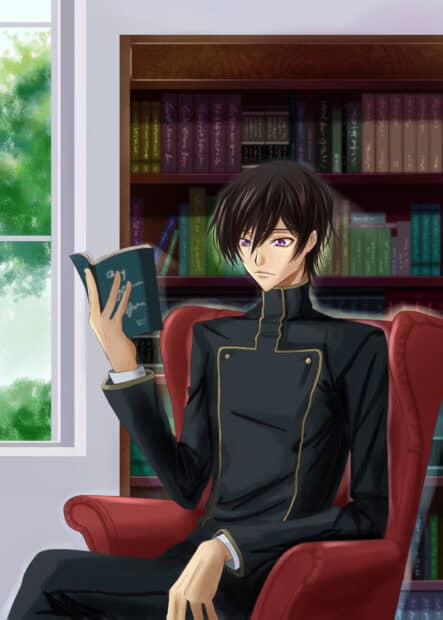 Lelouch Lamperouge is sitting in a red chair holding a book in a room with bookshelves, HD Mobile Wallpaper
