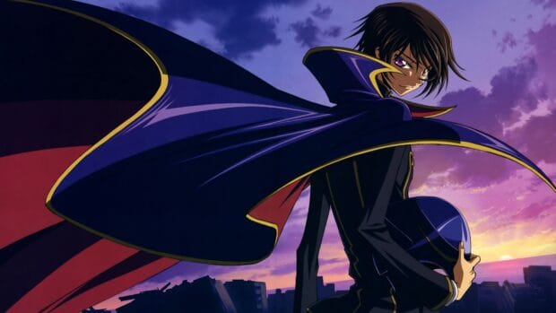 Lelouch Lamperouge stands holding a helmet against a colorful sunset sky with ruined buildings below, 4K Desktop Wallpaper