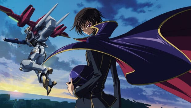 Lelouch Lamperouge stands confidently with a mech against a scenic sunset sky, 4K Desktop Wallpaper