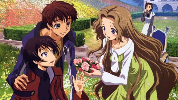 Lelouch Lamperouge wallpapers featuring characters sharing flowers in a lush garden, 4K Desktop Wallpaper