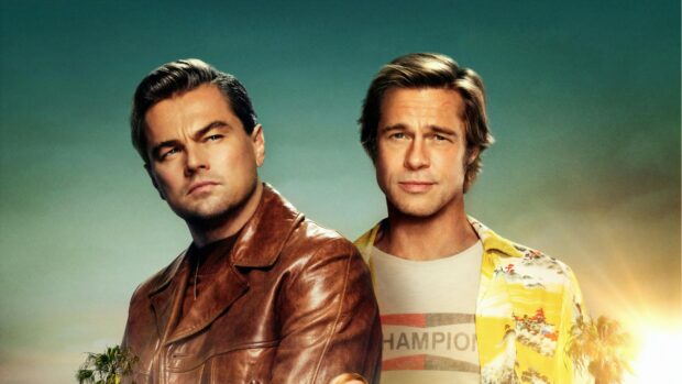 Leonardo Dicaprio and Brad Pitt posing closely together with a colorful background, 4K Desktop Wallpaper